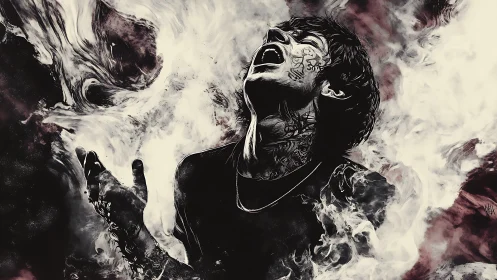 Tattooed figure screams inside swirling monochrome smoke