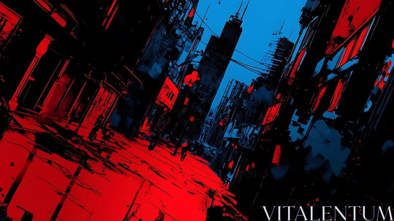 Neon red urban corridor under stark cyan night sky.