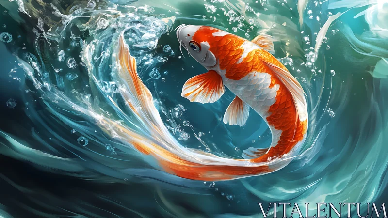 High-detail koi carp in dynamic turquoise water vortex