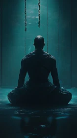 Solitary figure meditating beneath suspended industrial chains.