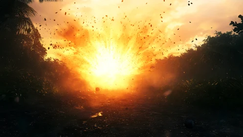 Jungle road explosion under intense sunset fireball.