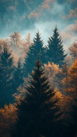 Autumn Forest with Sunlit Conifers Under Teal Sky.