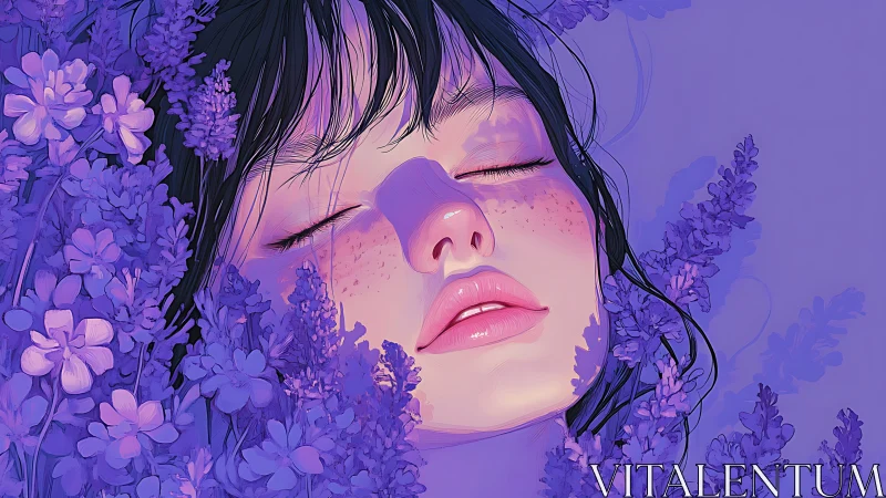 Female face in purple floral field, eyes closed, stylized.