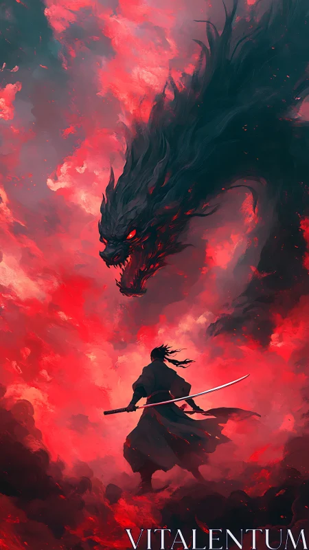 Fierce samurai meets blazing shadow dragon in stormy sky