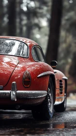 Rear three-quarter view of wet red classic coupe in forest.