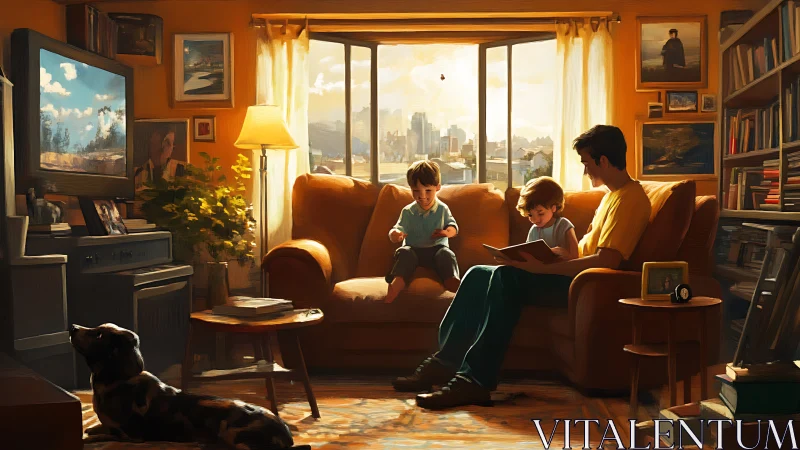 Warm digital painting of father reading to children at home.
