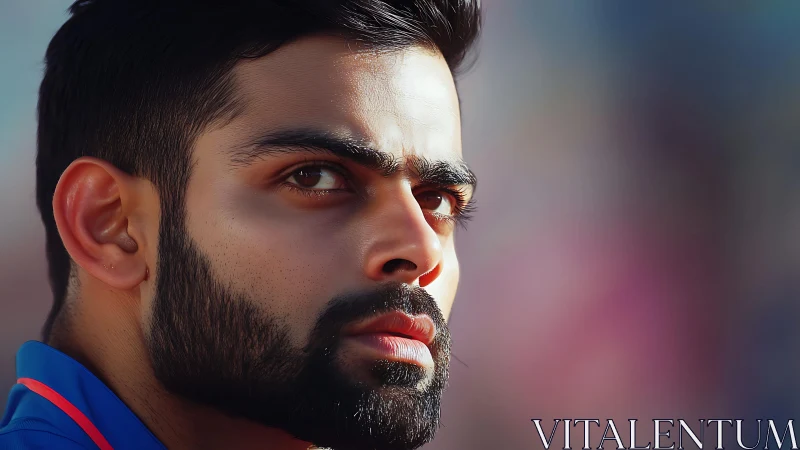 Focused close-up portrait of intense bearded athlete face.