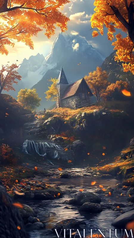 Mountain cabin beside autumn river in soft evening light.