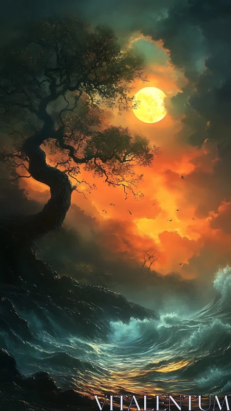 Moonlit tempest crowns a burning horizon of stormfire skies.