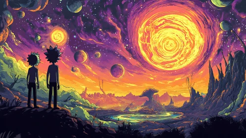 Twin silhouettes roam a neon cosmos under molten suns.