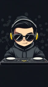 Midnight hoodie DJ spins neon beats in cartoon cool.