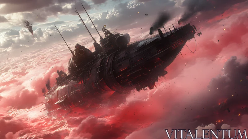 Colossal warship drifts through blazing crimson storm clouds.