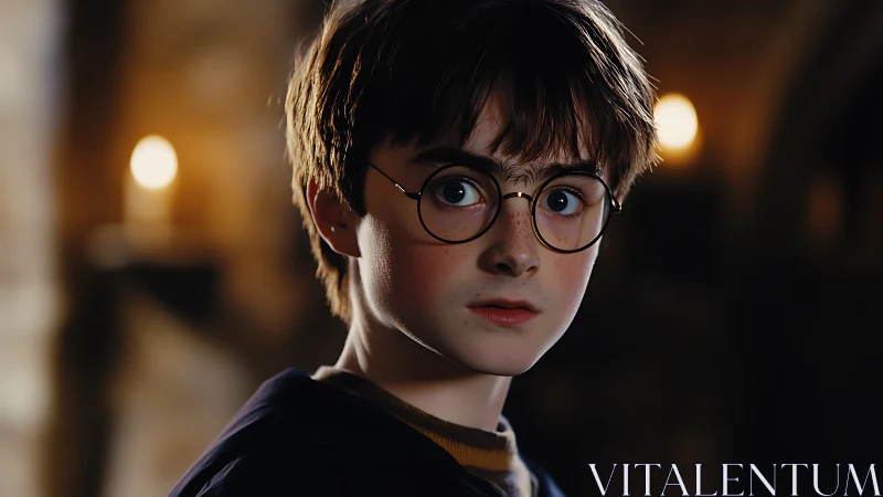 Photorealistic portrait of a startled boy in warm low light.