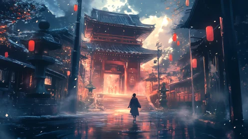 Mystic lantern path toward glowing temple gate at dusk.