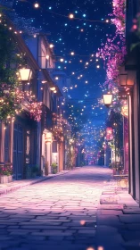 Starlit flower-lined alleyway glows with hanging lanterns.