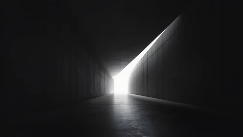 Minimalist concrete corridor opening to bright white light.