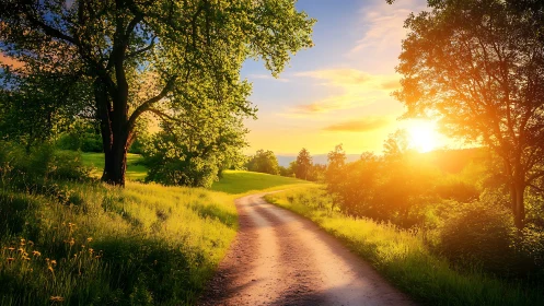 Sunlit country lane welcoming an unhurried evening walk.