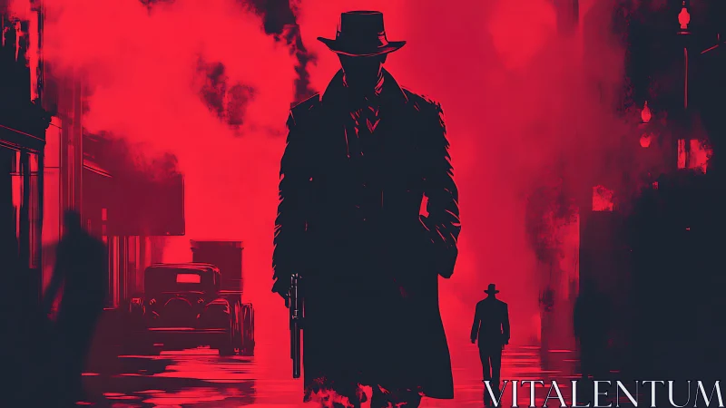 Noir gunslinger silhouette in red smoked city street.