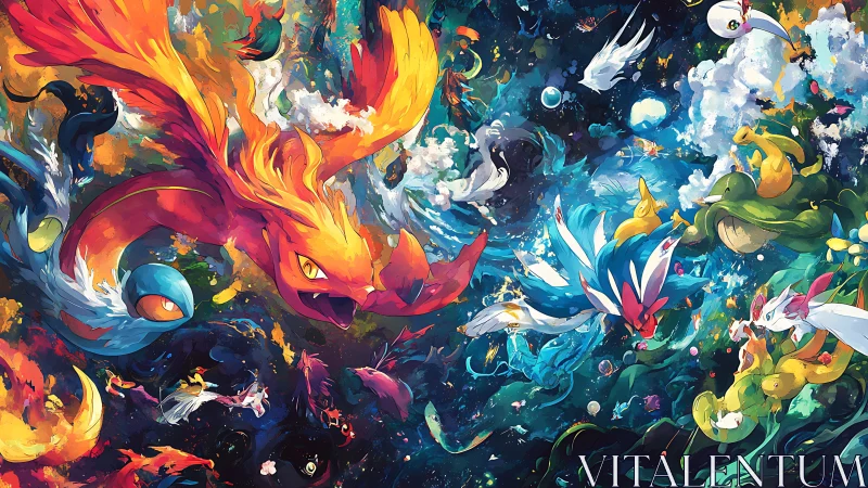 Dynamic elemental creatures collide in high-saturation digital abstraction