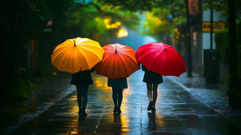 Three pedestrians walk with umbrellas along wet urban street