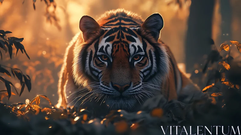 Crouching tiger in warm backlit forest, high-detail render