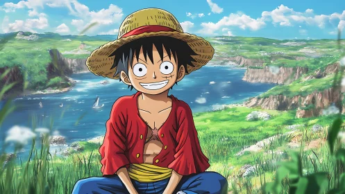 Straw-hatted anime boy resting by vivid coastal cliffs.