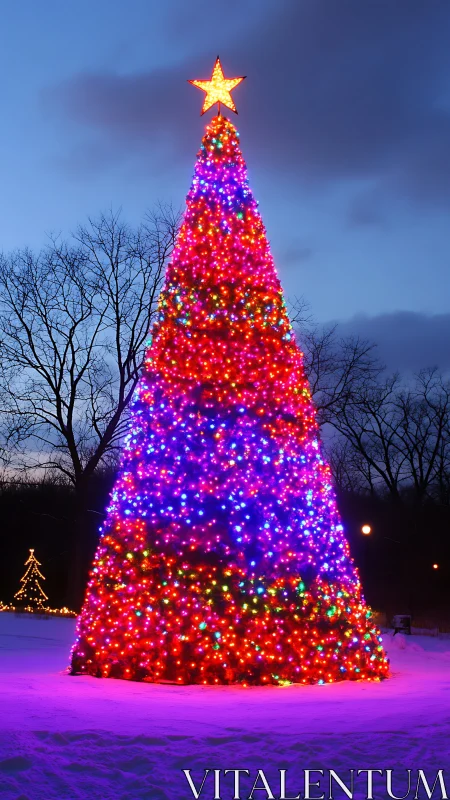 Outdoor Christmas tree covered in vivid multicolor lights.