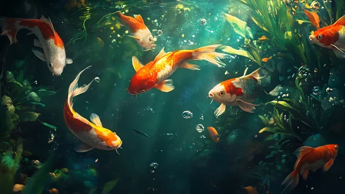Colorful koi fish swimming in a lush underwater pond scene.