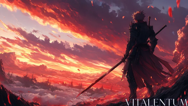 Lone armored warrior quietly greets a blazing crimson sky