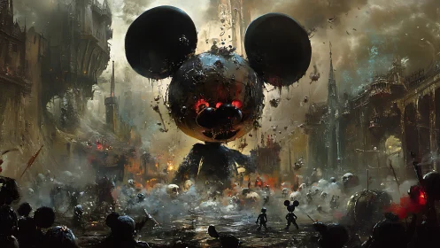 Gigantic mouse-headed robot dominates ruined smoky city