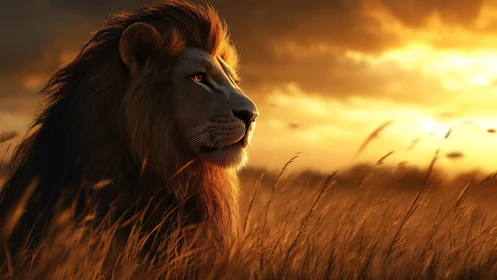 Golden hour lion portrait in tall savanna grassland profile