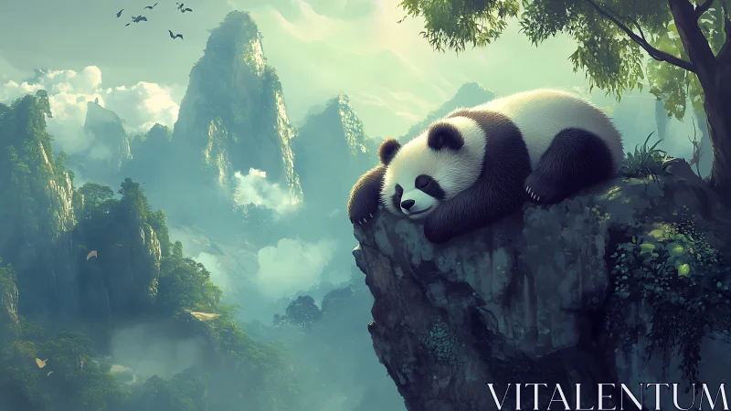 Sleeping panda on cliff ledge in misty mountain valley
