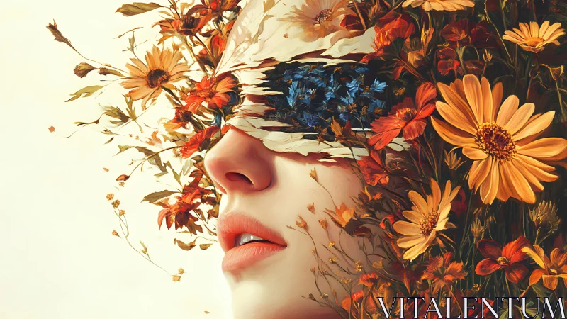 Surreal female portrait with blooming flowers and blindfold.