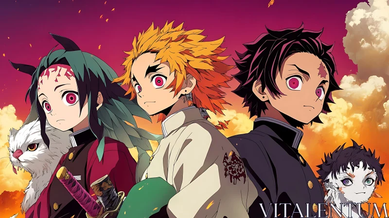 Group of stylized youths with pet-like creatures at sunset.