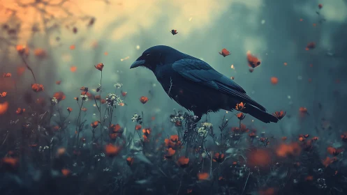 Black Crow Perched Among Crimson Wildflowers in Misty Dream
