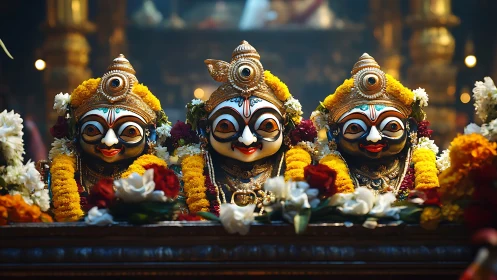 Jagannath deities garlanded with marigolds in ornate shrine.