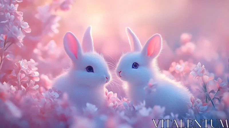 Dreamlit bunnies whisper in a pastel meadow of blossoms.