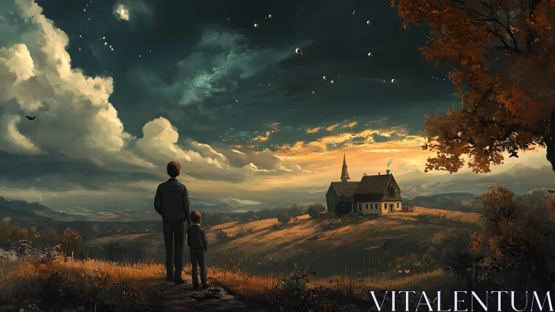 Digital painting of sunset hillside chapel and contemplative figures.