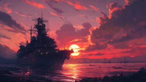 Sunset dreadnought drifting through molten horizon glow.