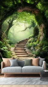 Sunlit forest stairway mural turns living room into retreat