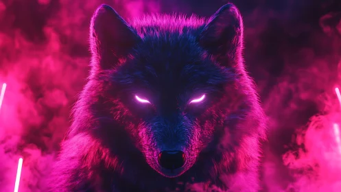 Neon cyber wolf head in glowing pink smoke portrait.