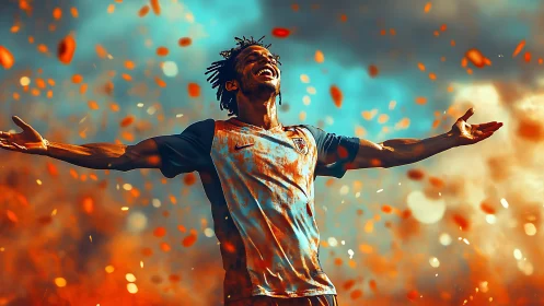 Exultant soccer player celebrates amid fiery confetti storm.