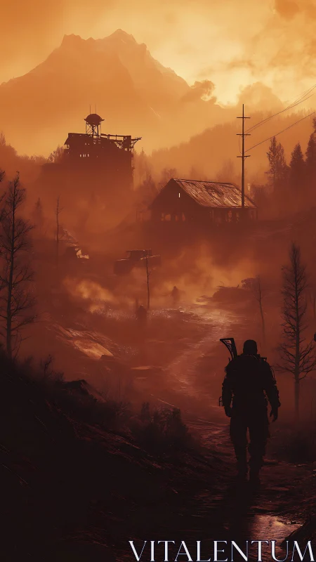 Armored wanderer approaching industrial outpost at dusk