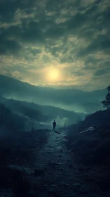Backlit hiker on misty mountain path under diffuse sunrise glow