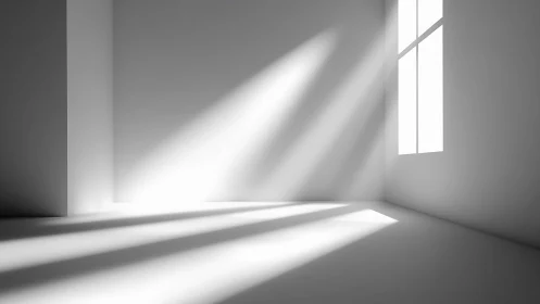 Minimal white interior with sharp sunlight through window.