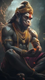 Divine warrior Hanuman in meditative glow holds sacred fire.