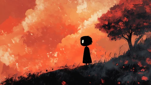 Small silhouette dreaming beneath a wildfire sunset sky.