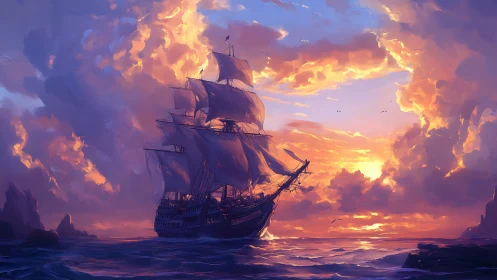 Storm-kissed galleon chasing molten sunset horizons at sea.