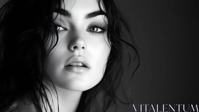 Monochrome high‑contrast portrait with wet hair detailing.