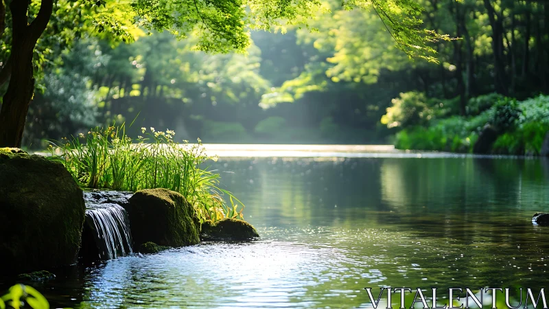 Tranquil forest pond with waterfall and lush greenery, natural light.